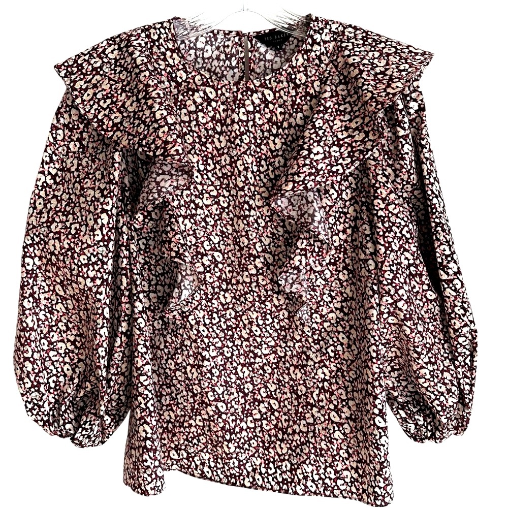 Ted Baker London 100% Cotton Burgundy Floral Print Ruffled Blouse